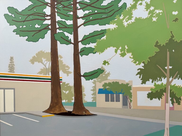 minimalist painting of a convenience store, looks like a 7-11 because of the stripes. two trees are in the parking lot in front of the structure. the right side of painting has another structure with a blue awning. another tree is in the foreground.