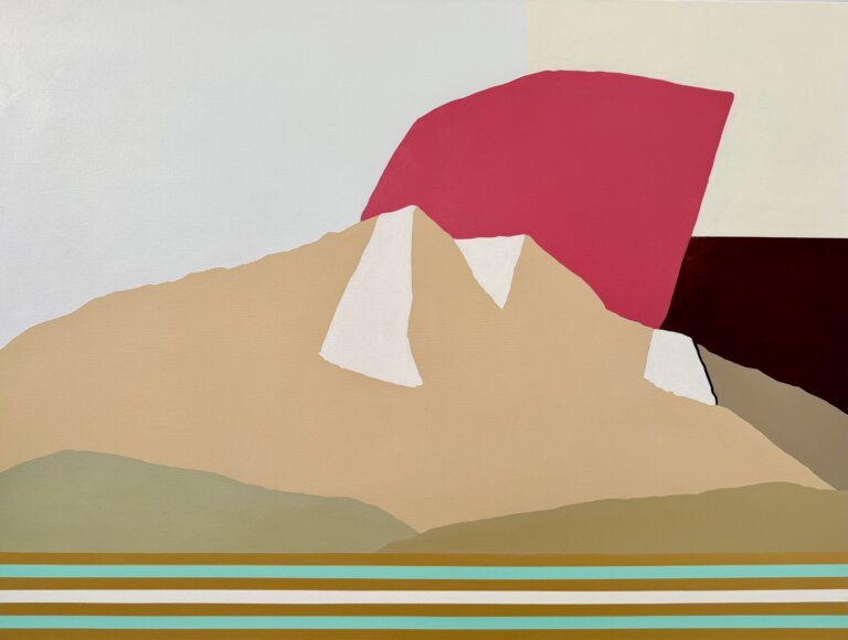 abstract painting of a mountain. the mountain is potato color and there is a red bonnet shapped cloud in the gray, brown and cream sky. there are 7 stripes on the bottom of the painting in tones of green, ochre and white. small hills of green are in front of the mountain.