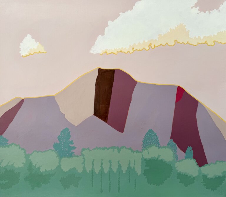 abstracted mountain landscape. the mountain is hues of lavender, peach, plum and tan. the top of the mountain range is outlined with a thin yellow line. the foreground is a wooded area in shades of green. the sky is pink with two golden white clouds.