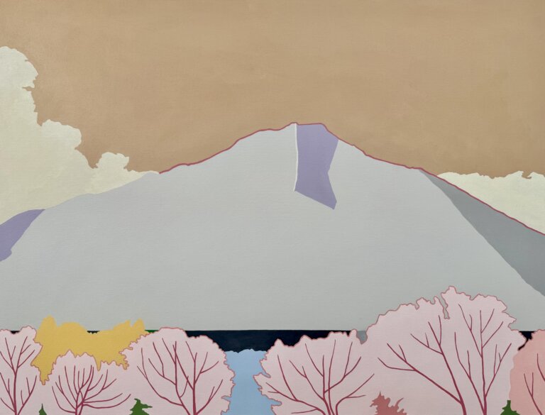 abstracted mountain landscape. a gray and lavender mountain outlined in thin red line from right side to just over the peak is in background against a tan and cream sky. the foreground is abstracted pink and red limbed trees and blue green and yellow brush.