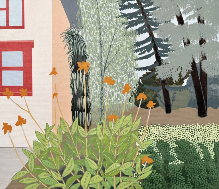a garden landscape which includes the side of structure that appears to be a house on the left side of the canvas and the garden on the right. the garden has tall orange flowers on one side and bushes on the right. redwoods in hues of grey and black are in the background.