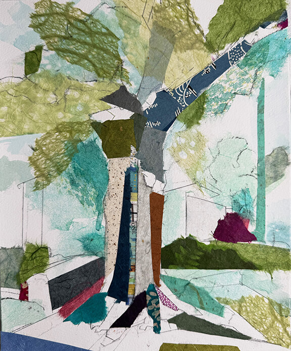 a central trunk is built from layered strips of gray, teal, navy, and patterned blue, rising into a fractured canopy of soft greens and pale aqua. the branches radiate outward in angular segments, intersecting translucent washes and fine graphite lines. the ground plane is a patchwork of mint, olive, and ochre with small accents of plum and deep green. faint architectural outlines recede in the background, blending structure with the organic scene.