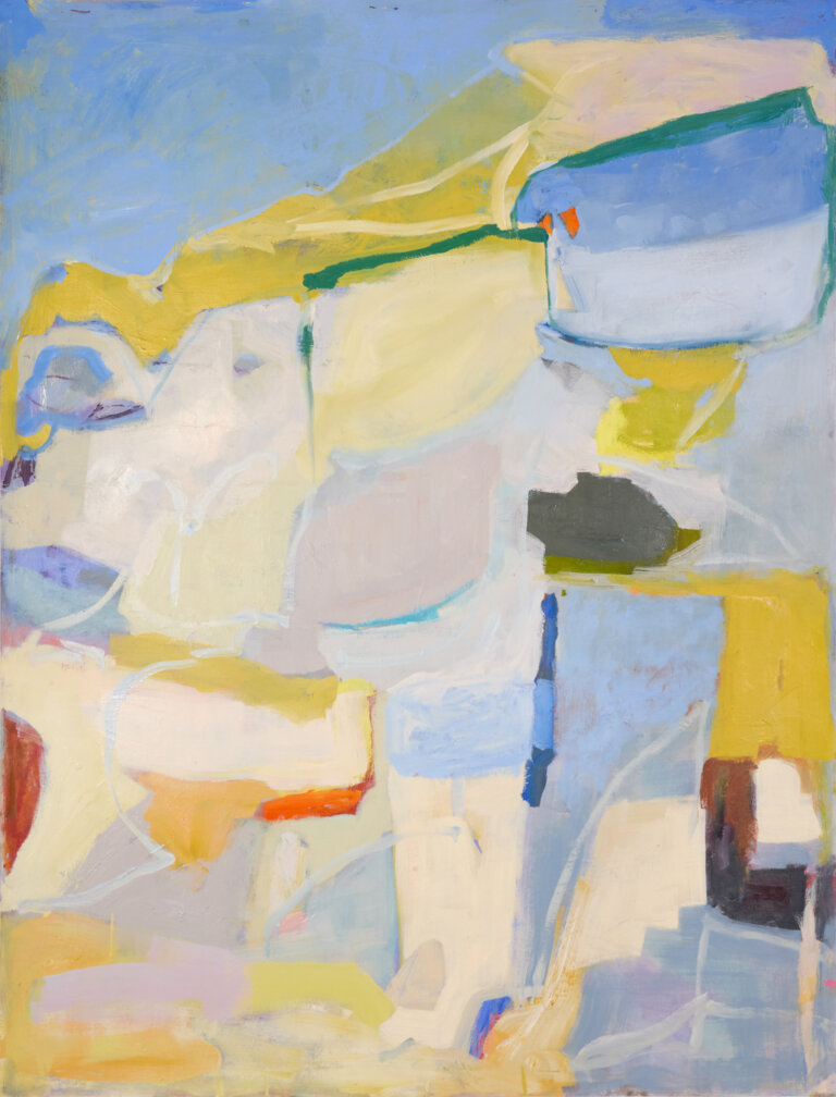 an abstract, painterly composition of soft, layered blocks in pale blues, yellows, creams, and muted grays. loose brushwork and sketch-like lines create a loosely structured arrangement that hints at an interior or still-life setting. warmer accents of orange and darker tones add contrast