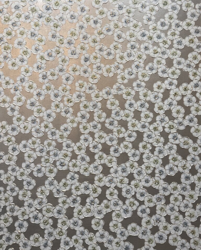 an abstract art piece with a dark silver and gold metallic background and a foreground of scattered white fluffy flowers with silver and gold centers. there is raised white paint detailing on the petals of the flowers