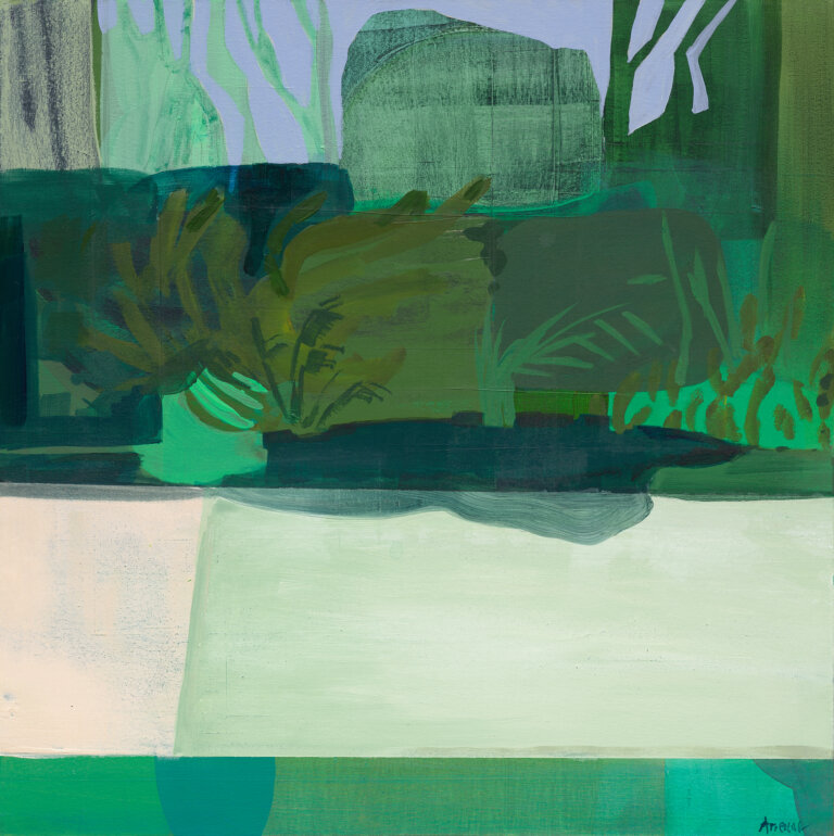 this abstracted landscape scene is composed of layered greens, ranging from deep forest to bright emerald and soft mint. loosely rendered trees rise in the background as silhouettes. the foreground is a horizontal expanse of lighter green and cream, suggesting water or open ground. gestural brushstrokes form dense foliage across the middle, creating depth and a calm, atmospheric mood.