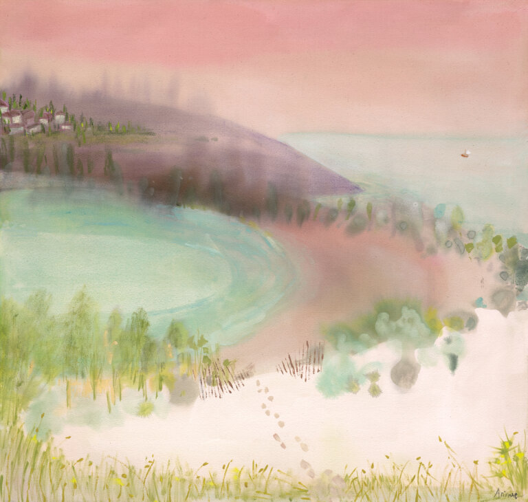 an abstracted coastal landscape featuring a curved shoreline is painted in aqua, pink, and green tones. the land rises into a hazy bluff in purple and brown. small clusters of trees and houses sit along the ridge. the foreground is light and sandy with various foliage and a faint trail of footprints. the sky is a warm gradient of pink and peach, fading gently into the water.