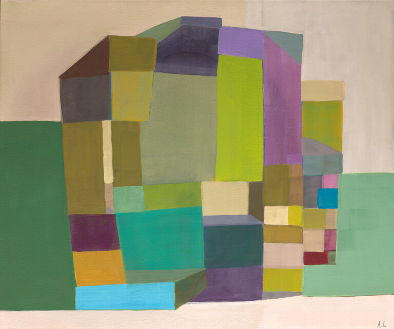 architectural formation featuring an abstract central structure built from stacked blocks of color in olive, teal, chartreuse, plum, turquoise and soft gray. the colorful cubic grouping sits in a field of green serving as the background - a calm expanse of pale beige and green, grounding the composition in a quiet, geometric landscape.