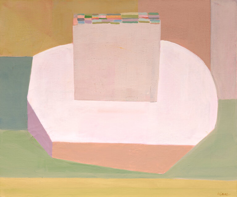 this abstracted still life presents a rounded, pale pink form sitting at the center of the composition on a flat plane of soft green and peach. above it, a rectangular block in a muted blush is topped with rows of small, multicolored marks. the background is divided into warm fields of ochre, tan, and sage. various shifts in tone and shape a quiet, balanced composition.