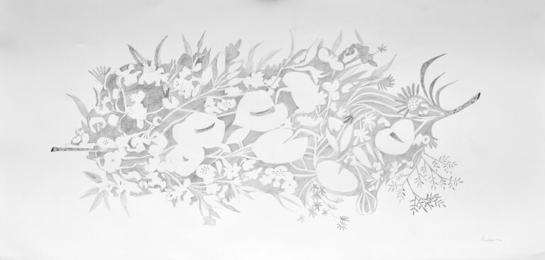 this botanical arrangement presents an abstracted, dense cluster of leaves, stems, and blossoms stretching horizontally across the page in soft graphite marks. varied plant forms overlap and interweave, creating a delicate, lace-like composition. areas with heavier shading contrast with the open negative shapes left white, giving the piece a light, airy rhythm. fine linework and subtle texture suggest movement with quiet intricacy throughout.