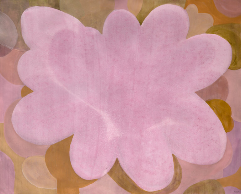 a large, soft pink bloom shape fills the center of the painting, its rounded petals blending into one another presenting a faint painterly quality. behind it, overlapping organic shapes in ochre, tan, and muted rose create a warm, layered back ground. the edges are gentle and fluid, with a velvety surface and quiet movement throughout.