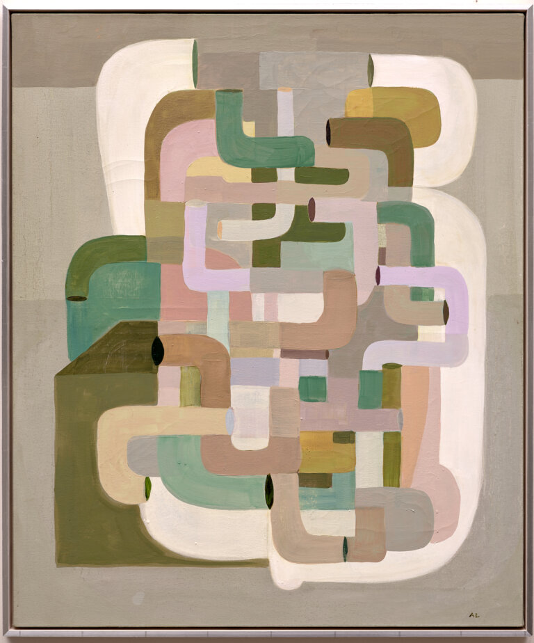 abstracted geometric composition with interlocking, rounded forms woven together like a network of pipes in muted tones of sage, blush, ochre, cream, and soft gray. the shapes overlap and bend, creating a dense, central structure with soft edges throughout. set against a warm gray ground, the surface is matte and layered with subtle shifts in color