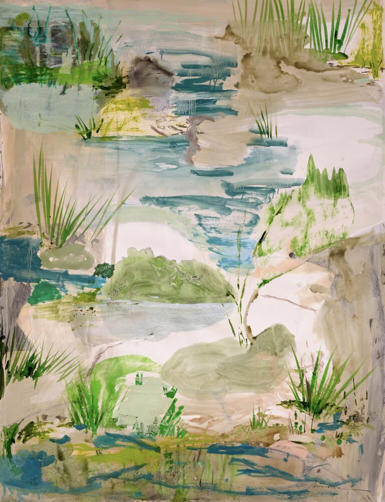 an abstracted wetland landscape. shallow pools of water wind through the composition in soft blue and teal washes. patches of sand and earth appear in pale tan and warm beige. clusters of grasses and reeds emerge in varied greens, loosely brushed and scattered throughout. the surface feels layered yet open, with fluid edges and quiet movement throughout the composition