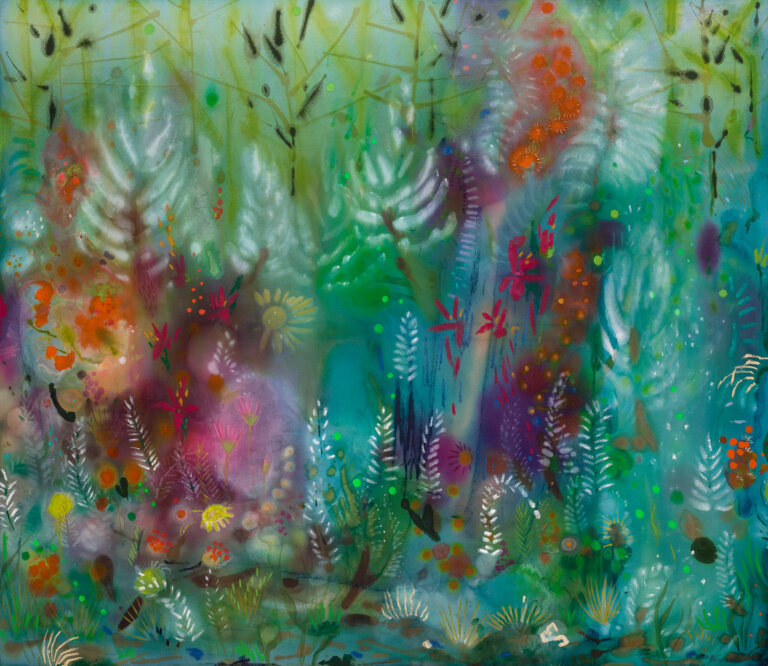 abstracted landscape presenting layered foliage in translucent washes of teal, mint, and blue. delicate plant forms and fronds are scattered throughout in white, lime, and soft yellow. bursts of pink, purple, red and orange flowers punctuate the surface. the composition is dense and atmospheric, with drifting veils of color and small dotted marks suggesting movement and light.