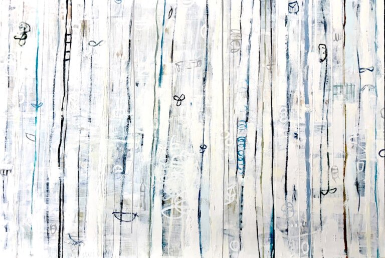 an abstract composition defined by vertical, linear marks layered across a pale, painterly ground. soft whites and grays dominate, with thin streaks of black and muted blue creating a sense of rhythm and movement. faint, sketch-like symbols and subtle forms emerge beneath the surface, giving the piece a quiet, atmospheric depth.