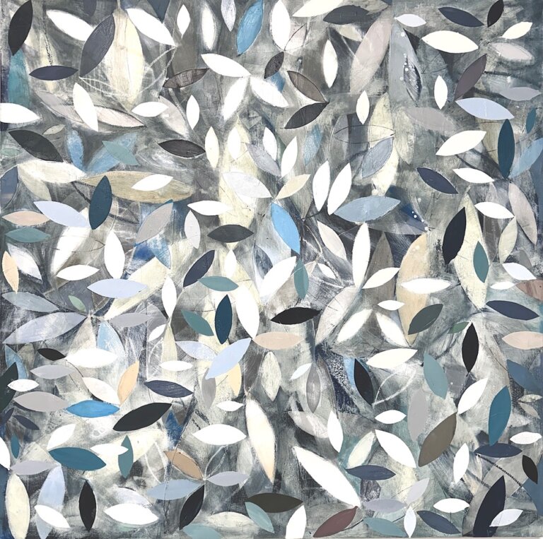 an abstract composition of layered, leaf-like shapes scattered across a painterly background. the palette features soft grays, off-whites, muted blues, and touches of beige and charcoal, creating a cool, atmospheric feel. the repeated organic forms overlap and vary in size, suggesting gentle motion, like drifting leaves, while maintaining a balanced, rhythmic flow.