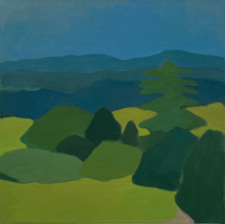 an abstracted landscape depicting a mountain view and meadow in the forground. shades f blues and green are prevalent. every piece of this landscape is abstracted to shapes, so it has a figurative, loose feel.