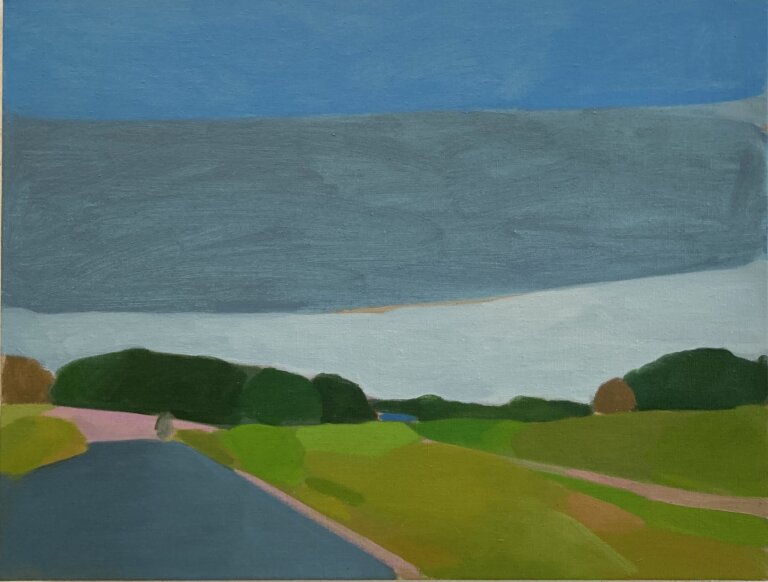 an abstracted landscape depicting a road wth lake in the distance. In the distance there is a grey hillside under a bright blue sky. the foreground is a road on the left and green meadow on the right with trees surrounding the lake shoreline in hues of yellow and green. every piece of this landscape is abstracted to shapes, so it has a figurative, loose feel.