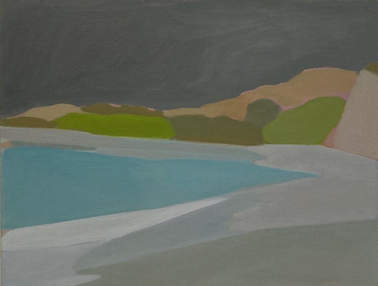 an abstracted landscape depicting a shoreline. there is a blue body of water with far shrubbery shoreline in shades of olive green, peach, green and taupe. the shoreline in the foreground is shades of gray beach. there is a gray sky. every piece of this landscape is abstracted to shapes, so it has a figurative, loose feel.
