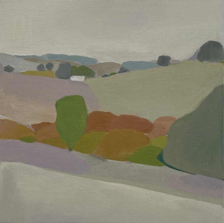 an abstracted landscape depicting a rural landscape in hues of gray, green and lavender and rust. in the distance there are blue and green hillsides under a light gray sky. every piece of this landscape is abstracted to shapes, so it has a figurative, loose feel.