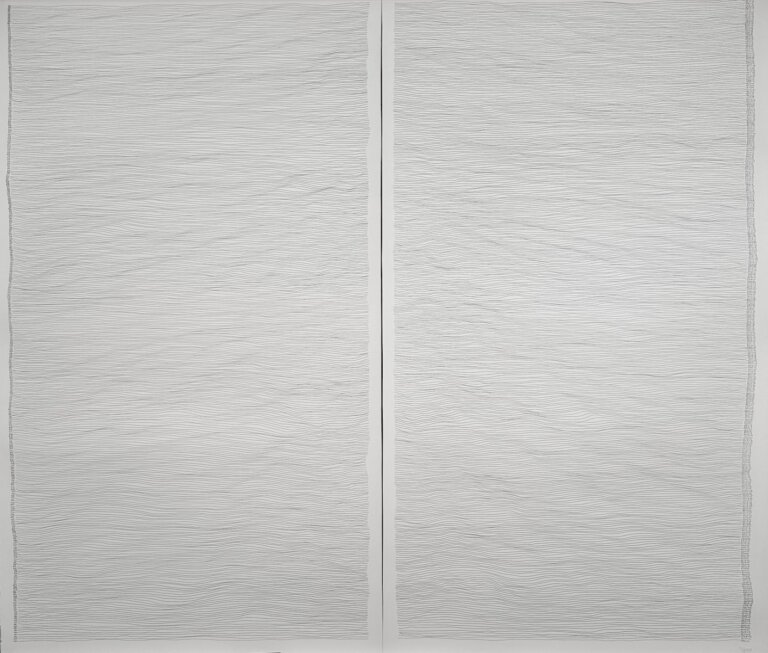 an abstract graphite on paper diptych piece. the graphite horizontal lines are stacked vertically.