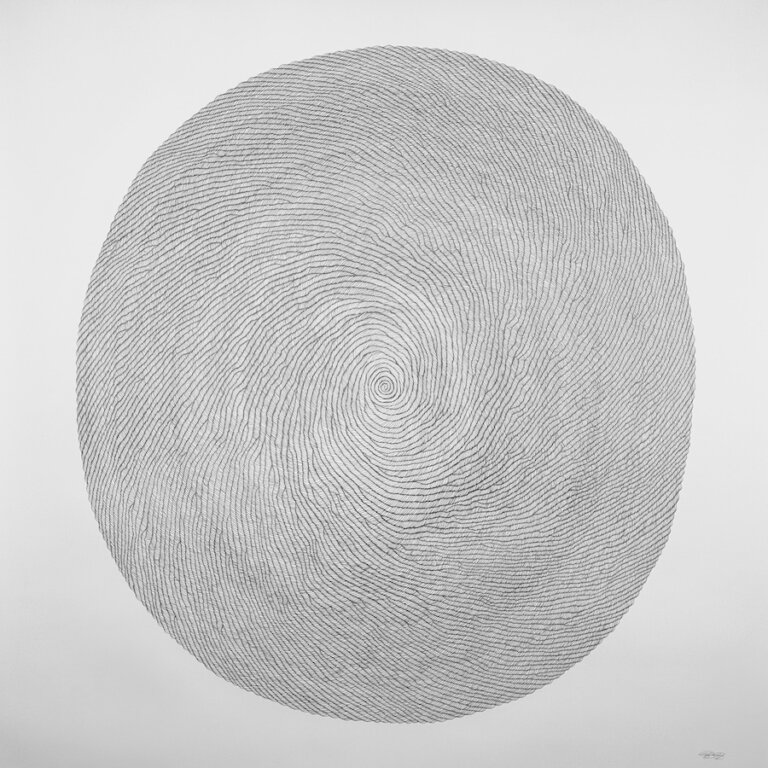 an abstract graphite on paper drawing. the piece is a spiral started in the center and spiraling outward and breaking off like tributaries to spiral to the paper's edge.