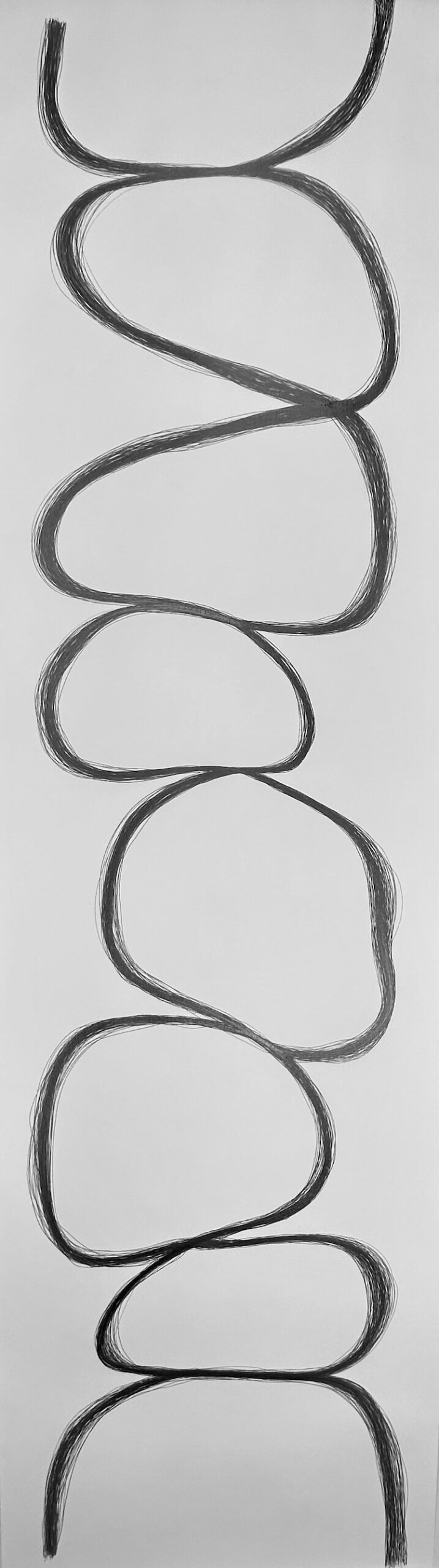 an abstract graphite on paper piece. eight irregular shaped circles are stacked on each other. the marks are dark.