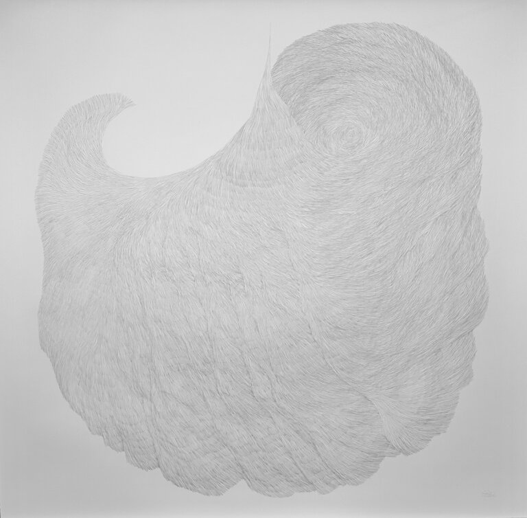 an abstract graphite on paper piece. the piece is cornucopia shaped. very light pressured marks on the paper.